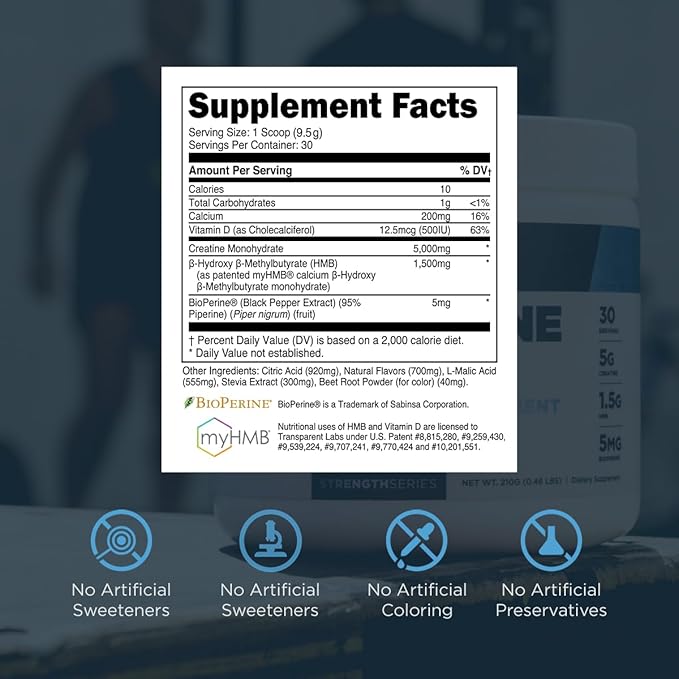 Transparent Labs Creatine HMB - Creatine Monohydrate Powder with HMB for Muscle Growth, Increased Strength, Enhanced Energy Output, and Improved Athletic Performance - 30 Servings, Strawberry Lemonade