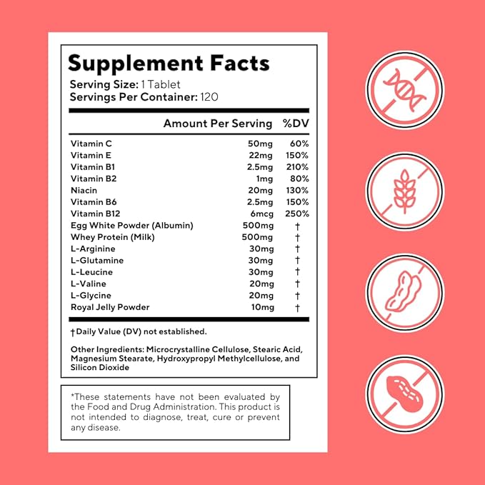 Albumin Supplement with Vitamin B Complex, Amino Acids, Egg White & Whey Protein Powder - Energy, Stamina, Immune, Wellness Support - 120 Tablets, Non-GMO, Gluten-Free