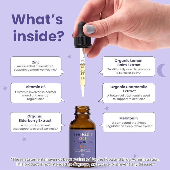 TruHeight Kids Sleep Tincture Ages 2+ (Watermelon Flavor) - Babies, Toddlers & Kids Natural Sleep Aid - Baby, Toddler, Child Melatonin 2 Year Old+ - Vitamin B6, Riboflavin, Zinc, Copper, Lemon Balm