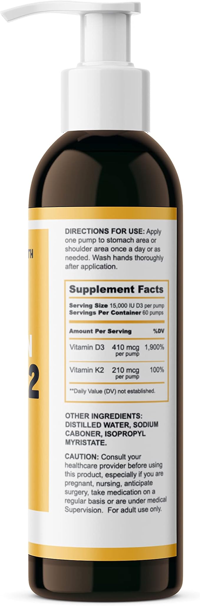 Vitamin D3 K2 Maximum Strength Topical Gel - 15000+ IU Per Pump - The Sunshine Vitamin - Supports Bone & Joint Health, Immune Support - One Month Supply