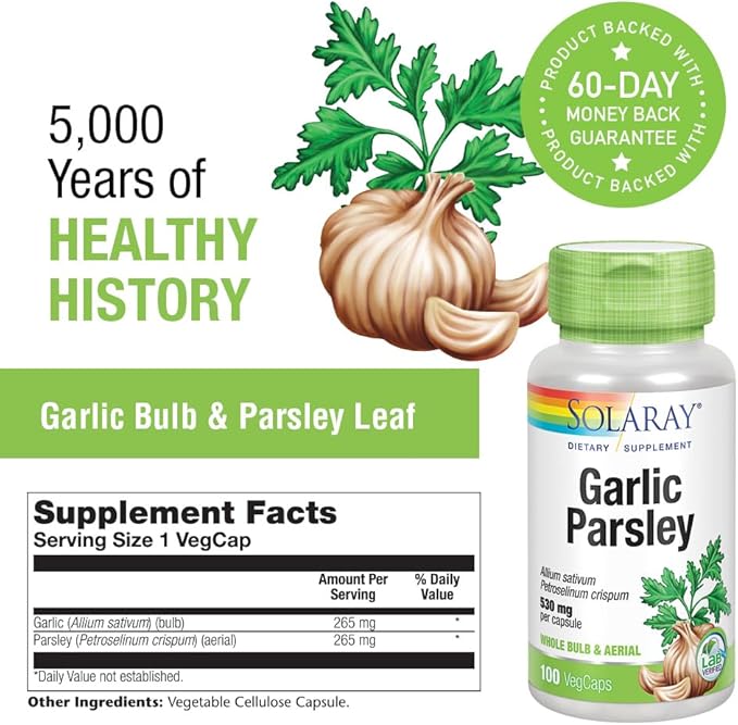 SOLARAY Garlic Bulb & Parsley Leaf 530mg | Healthy Cardiovascular and Immune System Function Support | Non-GMO, Vegan & Lab Verified | 100 VegCaps