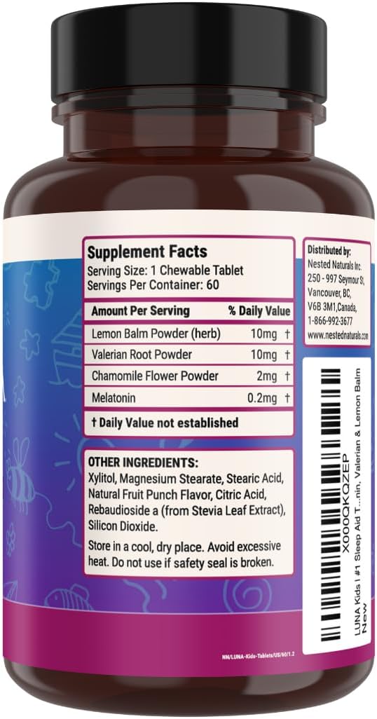 LUNA Kids | #1 Sleep Aid Tablets for Children 4+ and Sensitive Adults | Naturally Sourced Ingredients | 60 x Chewable Pills | Gentle, Herbal Supplement with Chamomile, Melatonin, Valerian & Lemon Balm