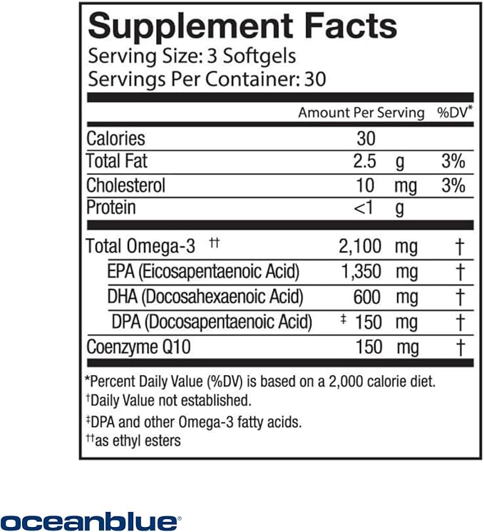 Oceanblue Professional Omega-3 2100 with CoQ10 – 90 ct – Triple Strength Fish Oil Supplement with High-Potency EPA and DHA, and CoQ10 – Orange Flavor (30 Servings)