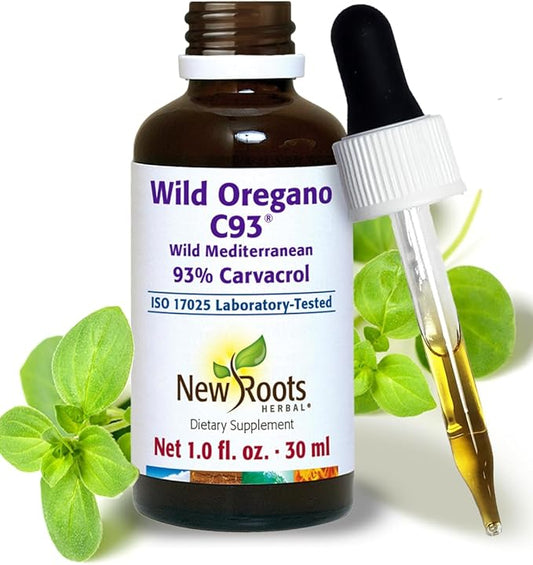 New Roots | Wild Oregano Oil Drops, C93 | 93% Carvacrol (1 fl oz) Compare to Organic | Hand-Picked Mediterranean Oregano Oil Liquid | Non-GMO, Vegan, Gluten-Free