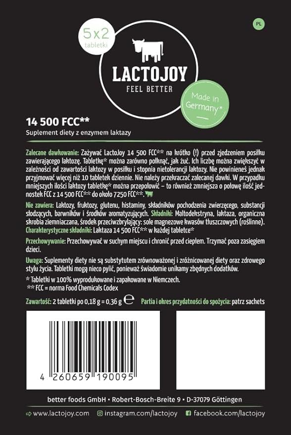 LactoJoy Lactase Pills I Powerful Lactase Enzymes for Lactose Intolerance I for Improved Digestion I No Silicon Dioxide, No Artificial Flavors I Vegan I Sample-Package of 5 Sachets à 2 Tablets