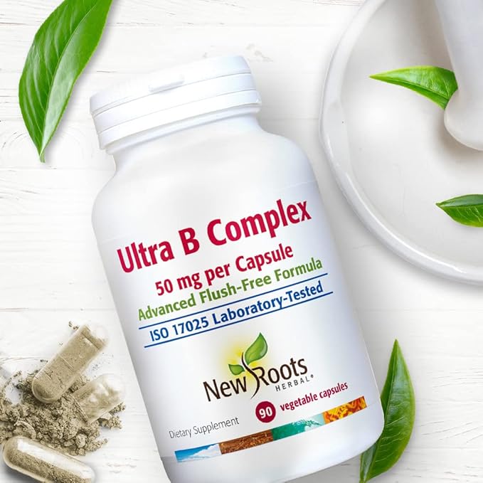 New Roots | Ultra Vitamin B Supplement (50mg) Contains Vitamin B6, B12, Biotin, Advanced Flush Free Formula (90 Veg Caps)