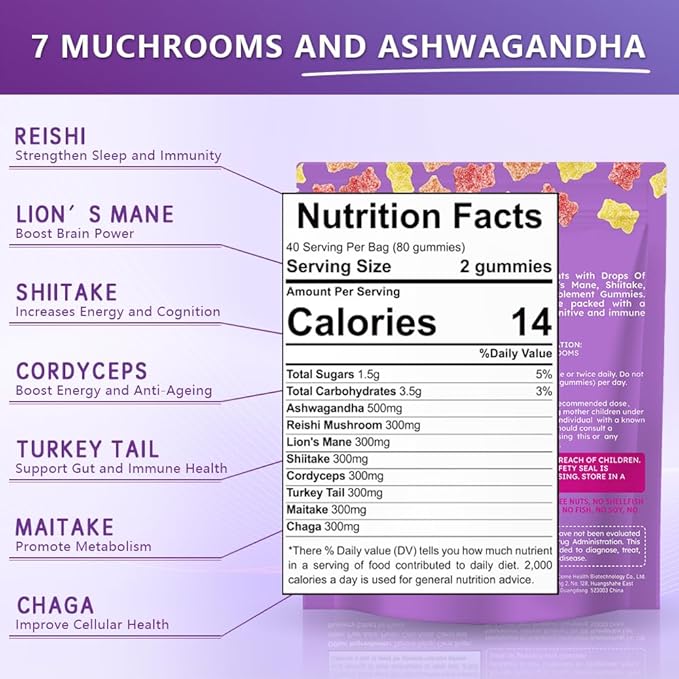Mushroom Supplement Gummies with Ashwagandha and Lions Mane, Maitake, Turkey Tail, Reishi, Chaga, Shiitake, Cordyceps Nootropic Brain Supplement for Focus, Memory, Immune, Support and Stress Relief