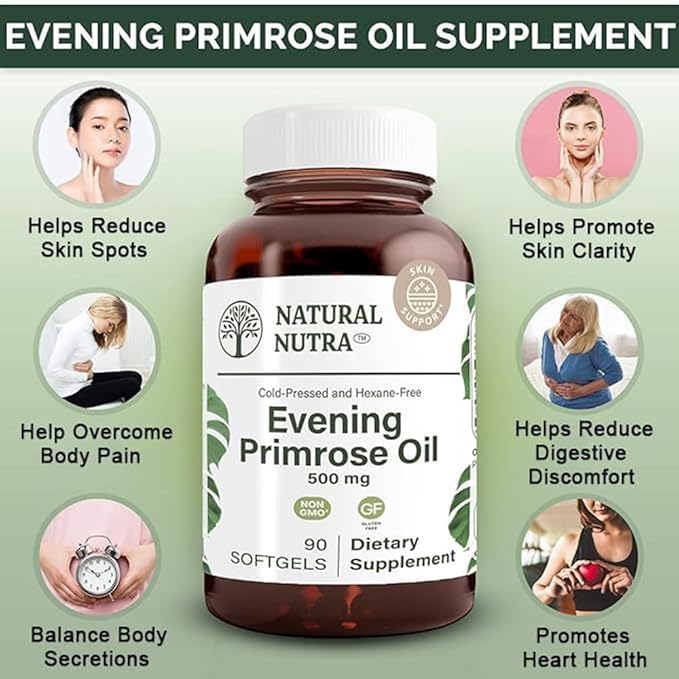 Natural Nutra Evening Primrose Oil Supplement from Fatty Acid, Nerve Health, Helps Reduce Skin Blemishes, Balance Body Secretions, Promote Heart Health, Skin Clarity, 500 mg, 90 Softgels