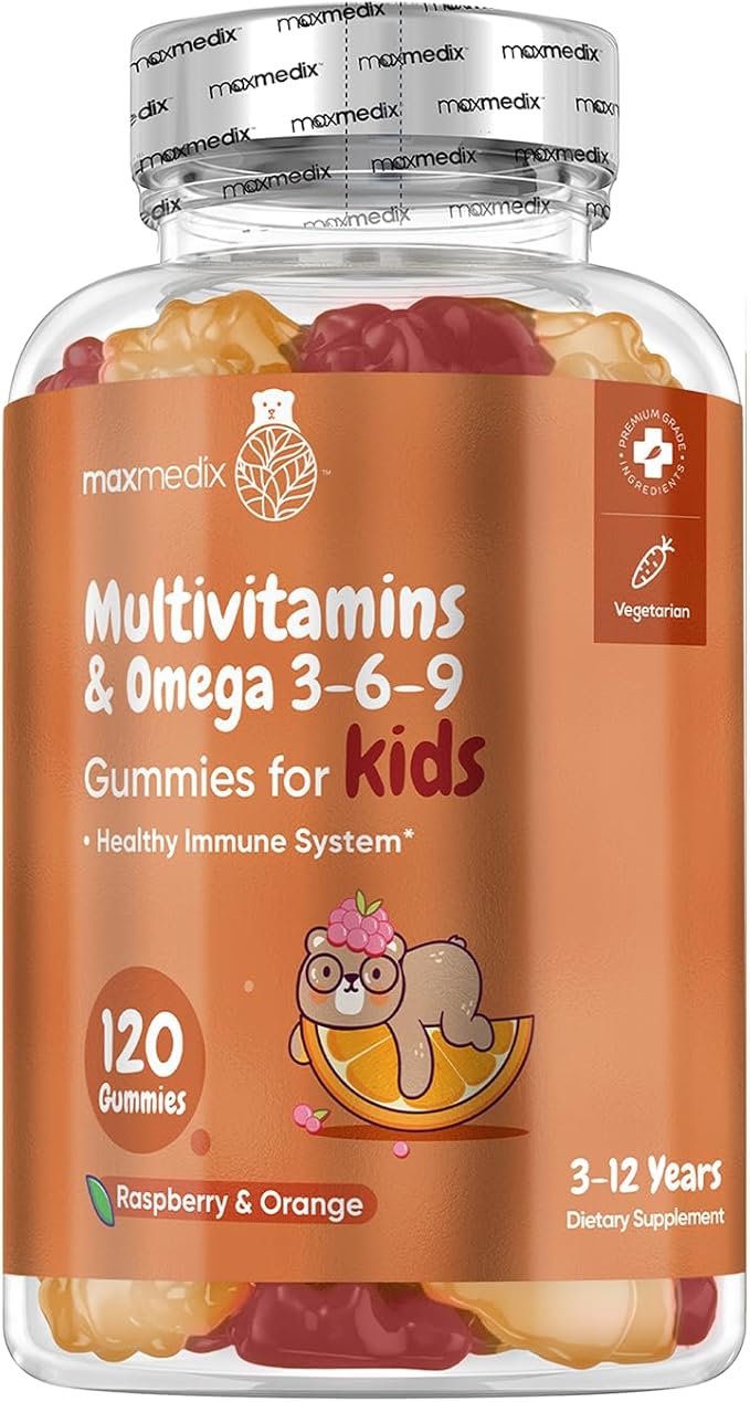 Kids Multivitamin Gummies & Omega 3, 6 & 9-120 Gummies (2 Months Supply) - for Healthy Immune System - Enriched with 12 Essential Vitamins - Natural Raspberry & Orange Flavor (3-12 Years)
