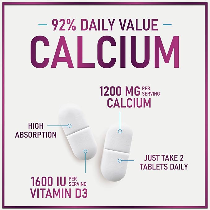 Calcium Supplements for Women 1200 mg Plus 1600 IU Vitamin D3, Bone Health, Teeth & Immune Support - Mineral Supplement with Vitamin D High Absorbable Premium Calcium Carbonate - 60 Tablets