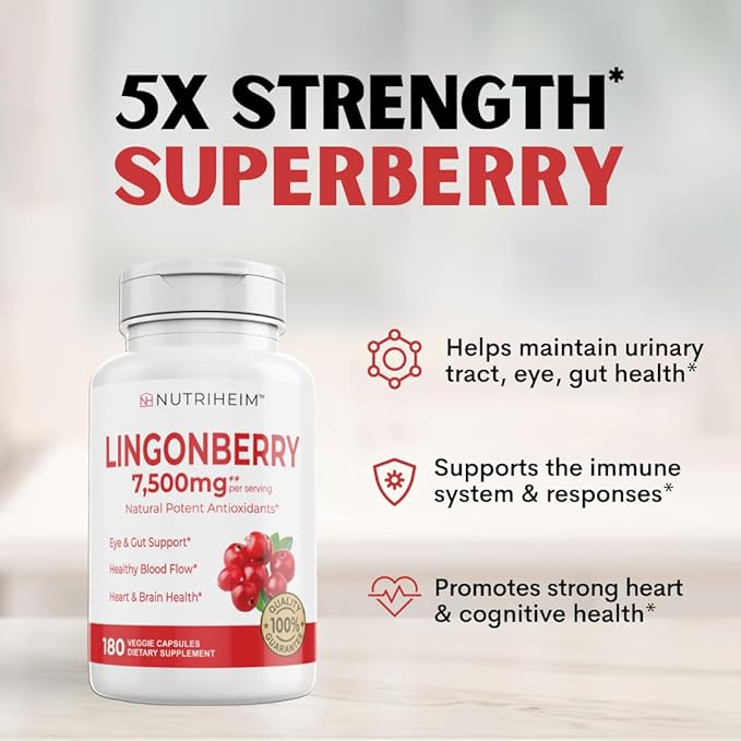 Lingonberry Powder 7500mg for Urinary Tract, Blood Circulation, Gut Health, Eye Health, Antioxidant Support - Pure 5:1 Ratio & 180 Veggie Capsules - Non-GMO, Gluten-Free, Vegan-Friendly Supplement