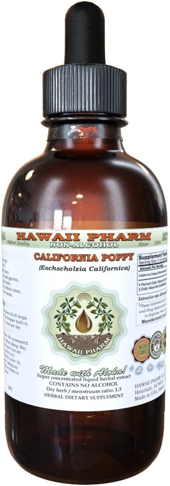 HawaiiPharm California Poppy Alcohol-Free Liquid Extract, Nervous System Calming and Support. Glycerite 2 fl.oz