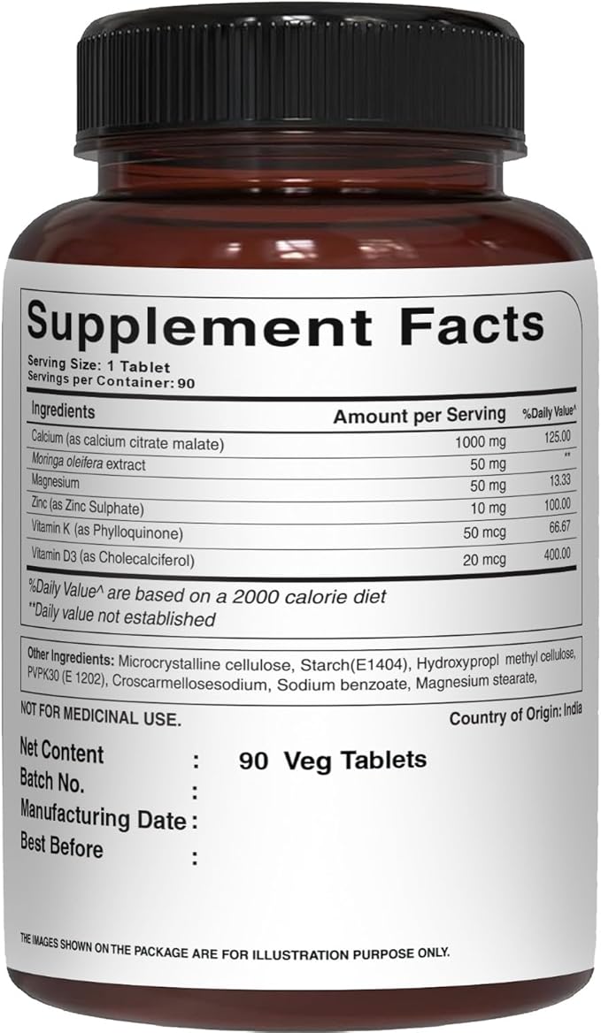 Pure Nutrition Ultra Calcium 1000mg with VIT D3 + K2 | 270 Tabs (90 X Pack of 3) | Highly absorbable Calcium Supplement with Calcium Citrate Malate, VIT D3, K2, Moringa Oleifera, Magnesium and Zinc.