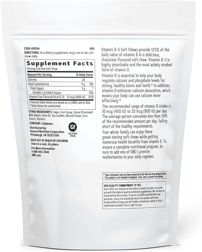 GNC Vitamin D-3 Soft Chews 1000IU - Chocolate | Provides 125% of The Daily Value of Vitamin D | 60 Soft Chews