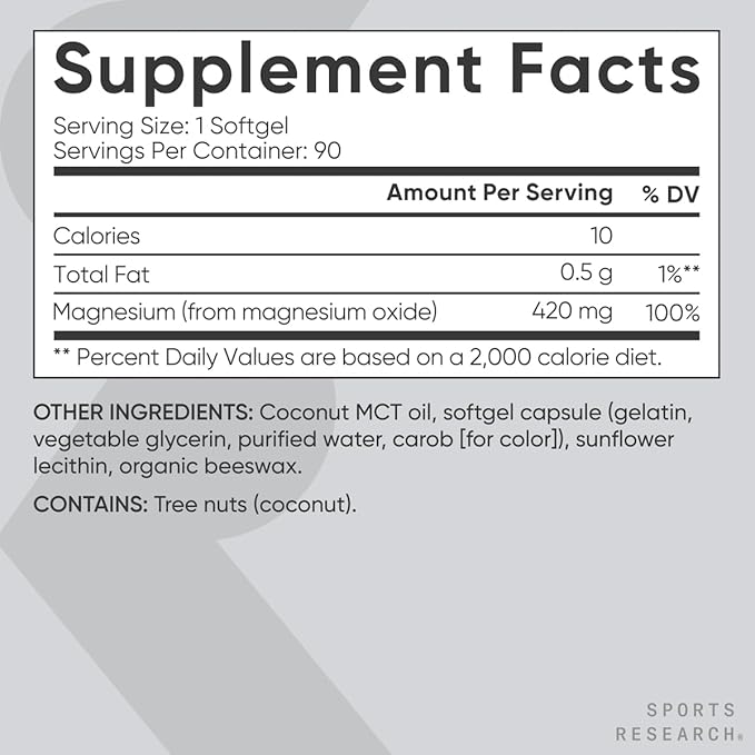 Sports Research® Magnesium Oxide 420mg with Coconut MCT Oil - Magnesium Supplement for Muscle, Nerve, and Bone Support* - Gluten-Free, Non-GMO - 90 Softgels