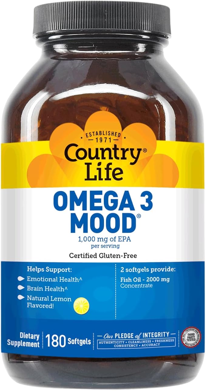 Country Life Omega 3 Fish Oil Supplement - High Concentration EPA and DHA Omega 3 Fatty Acids - 2000mg Fish Oil for Emotional Health, Mood Support, and No Fish Taste - Natural Lemon Flavor