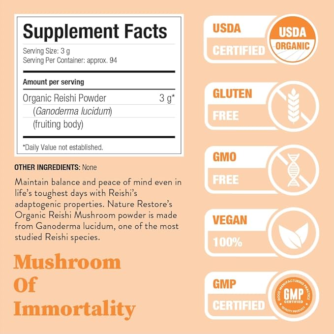 Nature Restore USDA Certified Organic Reishi Mushroom Powder, 10 Ounces, Non GMO, Gluten Free, Packaged in California, Ganoderma Lucidum/Lingzhi