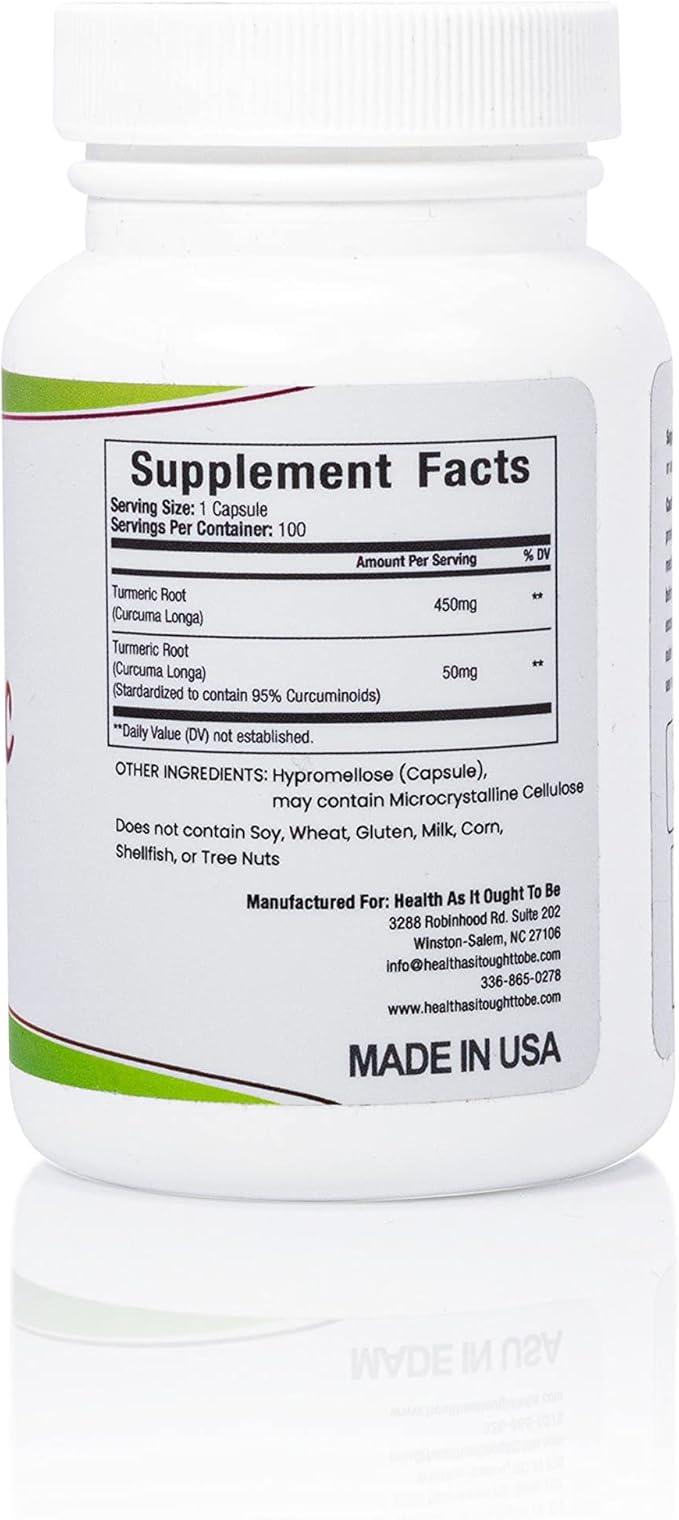 Health As It Ought To Be Fresh Turmeric 500 mg Supplement | Standardized Extract for Optimal Effect | 100 Capsules