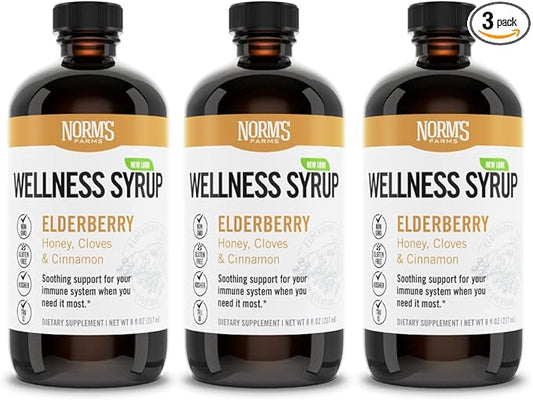Norm's Farms Black Elderberry Wellness Syrup + Honey, Cinnamon, & Cloves - Natural Immune Support - Kosher, Gluten Free, Non-GMO - 3PK 8 Oz. Bottles