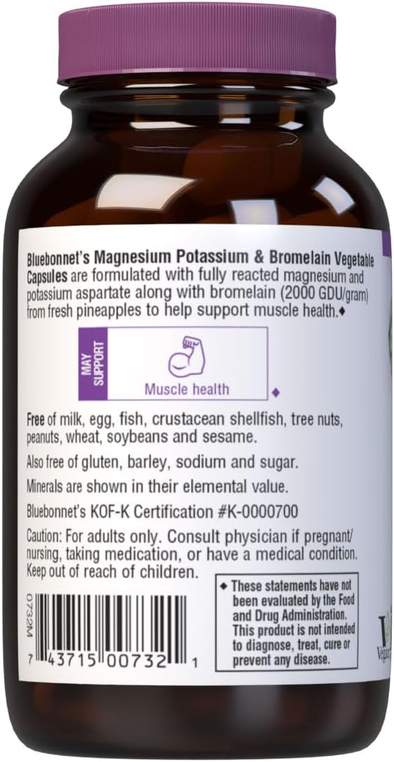 BlueBonnet Magnesium Potassium Plus Bromelain Vegetarian Capsules, 60 Count