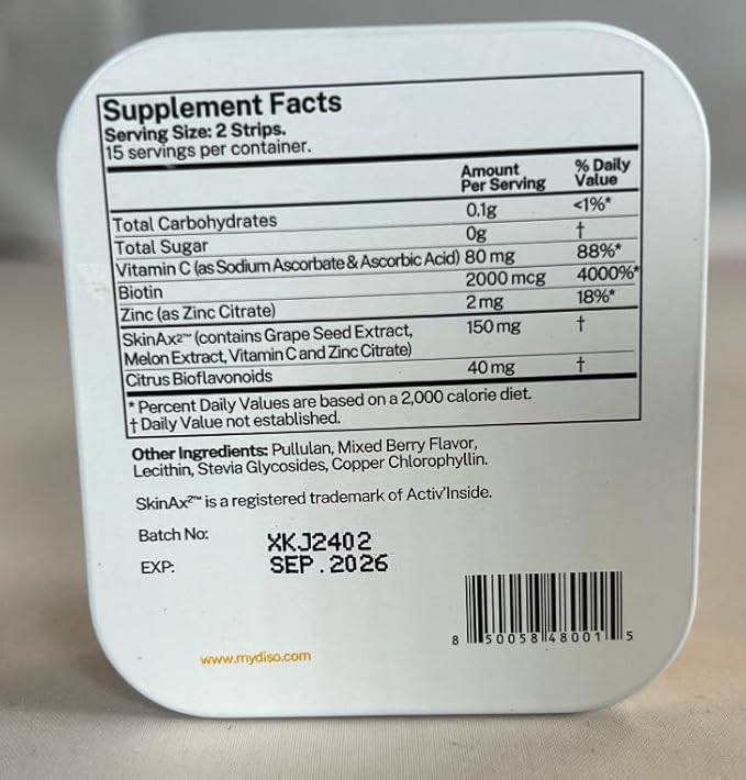 DISO - Collagen Boost - Dissolvable Oral Supplement Strips, Mixed Berry Flavor, Vegan, Sugar Free, Maximum Absorption to Help Produce Collagen, Gluten Free, Individually Wrapped, 30 ct