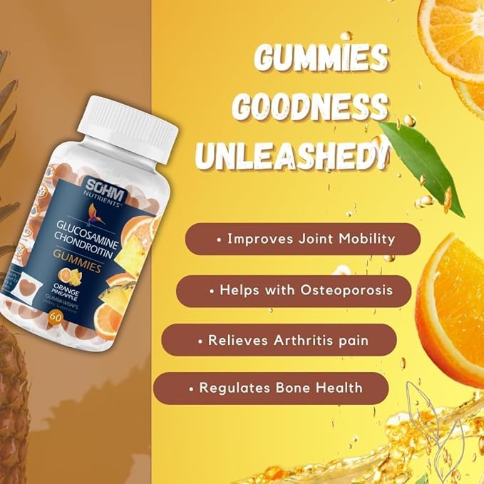 SOHM Glucosamine and Chondrotin Gummies 60 Count Individually Wrapped, Supports Joints Health and Bones Health, Glucosamine Chondroitin Gummies for Mens and Women Vegetarian (Pineapple,Orange)
