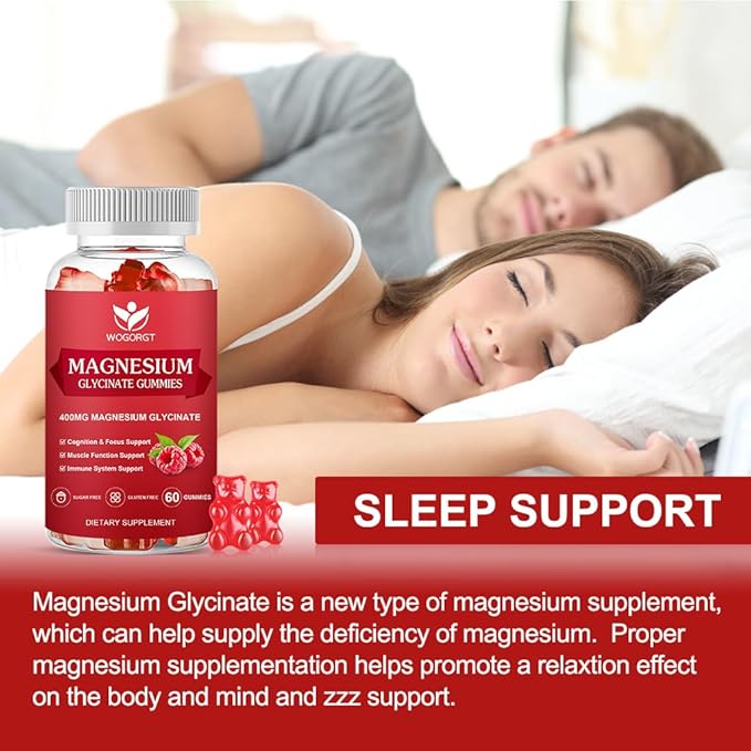 400mg Magnesium Glycinate Gummies with 200mg Magnesium Malate, Vitamin D, B6, and CoQ10, Magnesium Glycinate Supplement for Relaxation and Cognition, Sugar Free, Raspberry Flavor - 60 Gummies