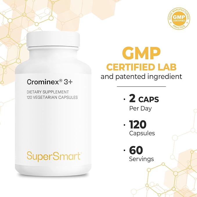 Supersmart - Crominex 3+ 20mg per Day (Patented & High Bioavailability) - Advanced Formula with Polyphenol, Fulvic Acid - Chromium Supplement | Non-GMO & Gluten Free - 120 Vegetarian Capsules