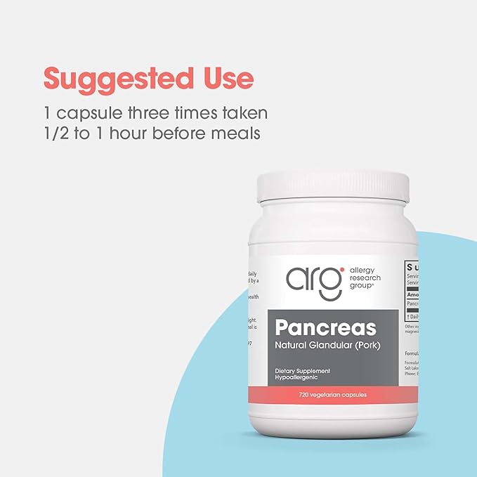 Allergy Research Group Pancreas Dietary Supplement - Digestive Support, Natural Glandur (Pork), Hypoallergenic, Vegetarian Capsules, Gluten Free - 720 Count
