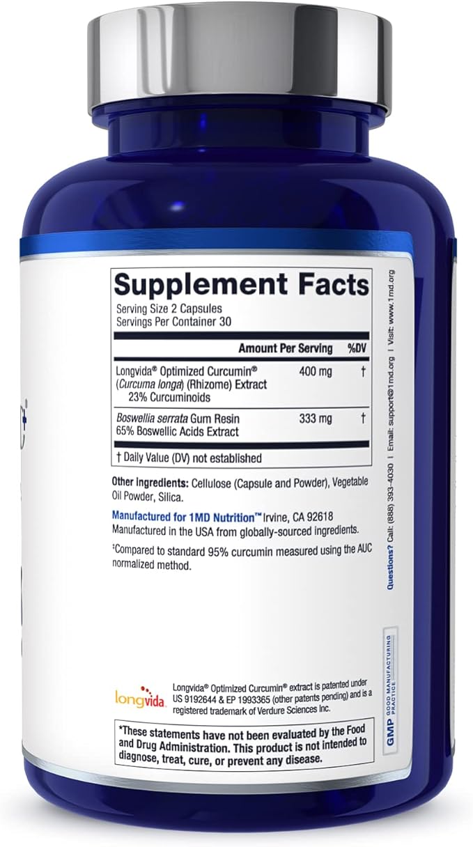 1MD Nutrition CurcuminMD Plus - Turmeric Curcumin with Boswellia Serrata - 285x More Absorbable | Joint Stiffness, Muscle Recovery, and Mood Support | 120 Capsules (2-Pack)