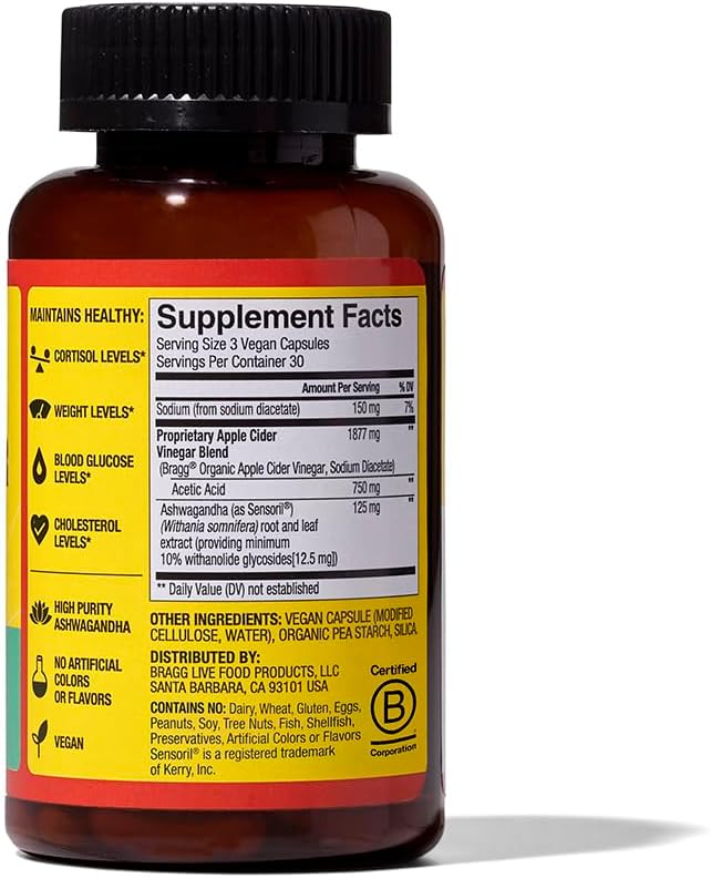 BRAGG Daily Balance Apple Cider Vinegar and Sensoril Ashwagandha Capsules - 750mg of Acetic Acid – Energy & Weight Management Support - (90 Pills)
