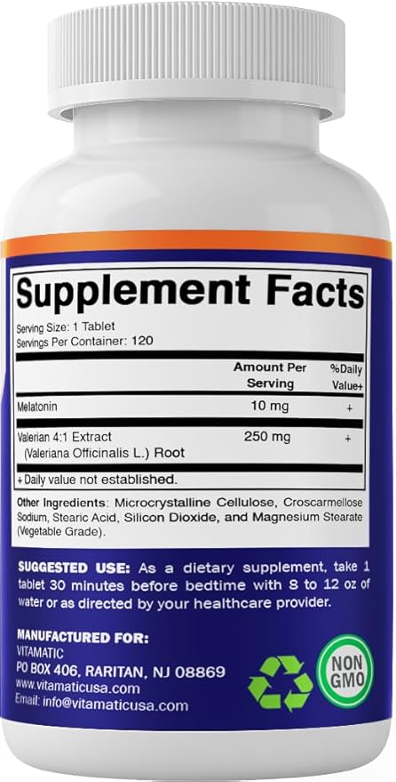 Vitamatic Melatonin 10mg with Valerian Root 4:1 Extract 250 mg 120 Tablets