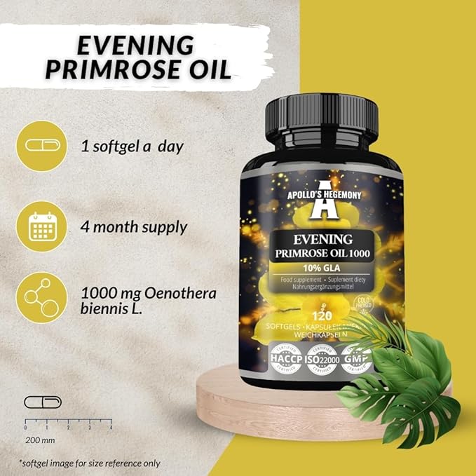 APOLLO'S HEGEMONY Evening Primrose Oil 1000 mg with Vitamin E - Contains 100 mg of GLA Acid - 120 Softgel Capsules - 4 Months Supply - Diet Supplement to Support Hormonal Balance and Skin Health