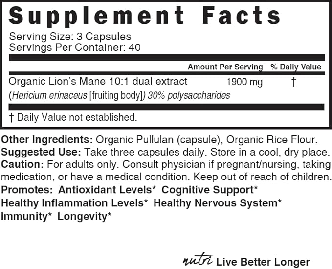 Nature's Fusions Nutri Organic Lions Mane Supplement Capsules - 1900 mg, 10:1 Dual Extraction, 120 Count - Mushroom Extract (Fruiting Body) - Third Party Tested