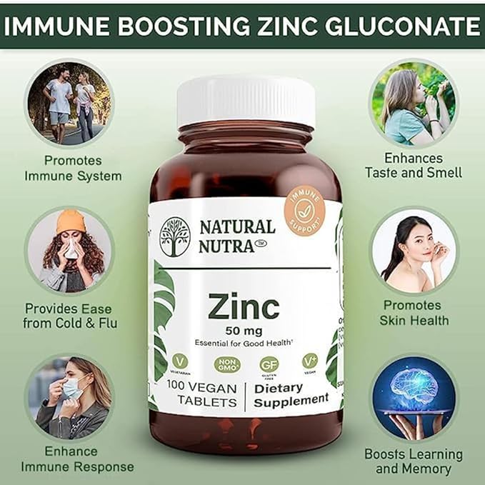 Natural Nutra Zinc Gluconate 50mg Supplement for Immune Support, Promotes Skin Health, Provides Ease From Flu & Cold, Boost Learning & Memory, Enhance Taste & Smell, Gluten Free 50mg 100 Vegan Tablets