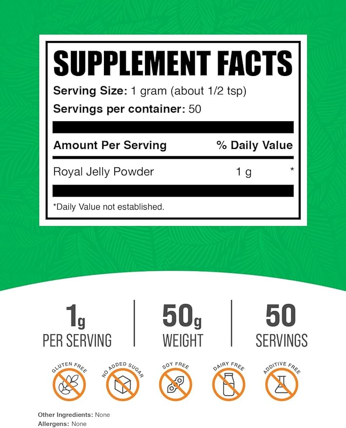 BulkSupplements.com Royal Jelly Powder - Royal Jelly Supplement, Royal Jelly 1000mg - for Immune Support, Gluten Free, 1000mg per Serving, 50g (1.8 oz) (Pack of 1)
