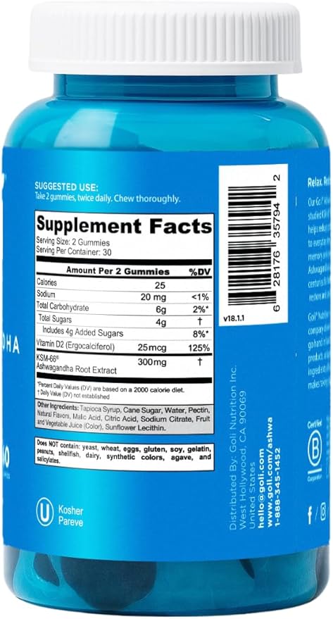 Goli Ashwagandha & Vitamin D Gummy - 180 Count - Mixed Berry, KSM-66, Vegan, Plant Based, Non-GMO, Gluten-Free & Gelatin Free Relax. Restore. Unwind, Pack of 3