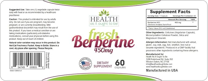 Health As It Ought To Be Fresh Berberine 450mg Supplement | Contains Only Berberine | No Preservatives | 60 Capsules