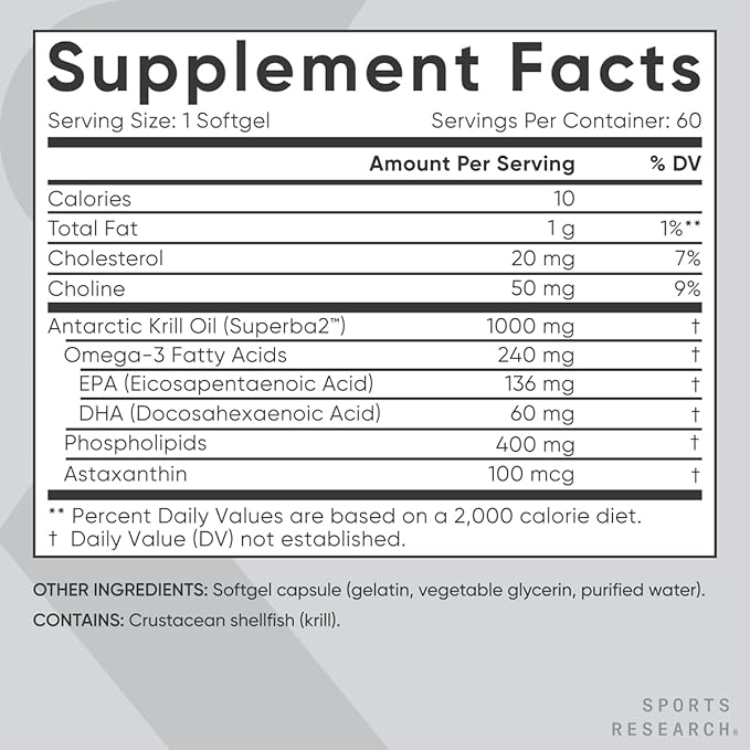 Sports Research Antarctic Krill Oil Omega 3 Softgels 1000mg (Double Strength) with Phospholipids, Choline & Astaxanthin - Sustainably Sourced, Non-GMO Verified & Gluten Free - 60 Capsules