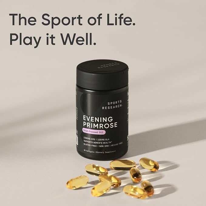 Sports Research Evening Primrose Supplement from Cold Pressed Oil - Softgels for Women’s Health & Skin Health - Gluten Free & Non-GMO GLA - High Potency 1300mg, 30 Count