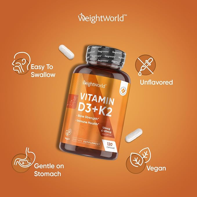 WeightWorld Vitamin D3 K2 - Vitamin D3 5000 IU (125mcg) & K2 MK7 (120mcg) - 120 Capsules (4 Months Supply) - Vegan Vitamin D Supplement for Bone Strength & Immune Health - Easy to Swallow
