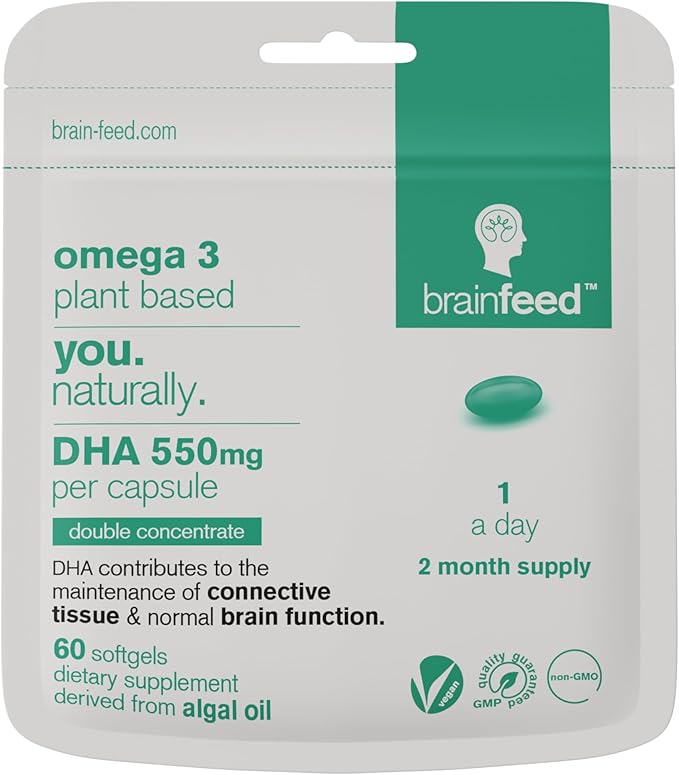 DHA Supplements (60) | Double Concentrate Omega 3 DHA 500mg PER Capsule - 1 a day | Brain & Eye Health Support | Vegan DHA - Omega 3 Algae Oil | DHA 1000mg x 2 Capsules | 2 Month Supply | Sustainable