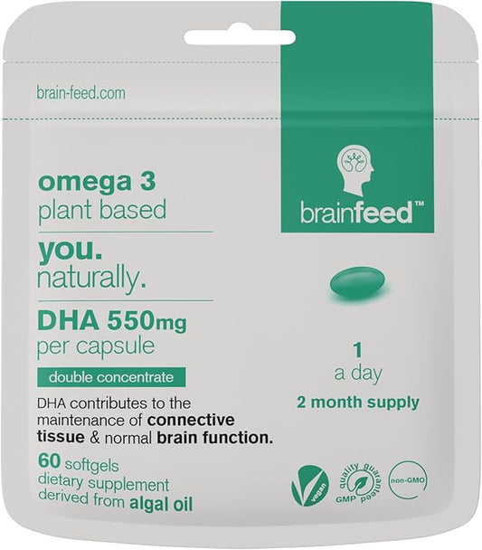 DHA Supplements (60) | Double Concentrate Omega 3 DHA 500mg PER Capsule - 1 a day | Brain & Eye Health Support | Vegan DHA - Omega 3 Algae Oil | DHA 1000mg x 2 Capsules | 2 Month Supply | Sustainable
