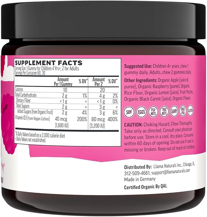 Llama Naturals Vitamin D3, Vegan, Organic Immune Support Supplement, Vitamin D Gummies for Adults and Kids, Real Fruit Gummy Vitamins, Promotes Bone Health, No Added Sugar Cane, Raspberry, 60 Ct