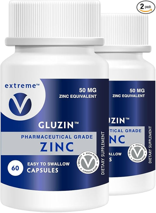 Gluzin OTC ZINC - Gluzin - Pharmaceutical Grade Zinc, 50mg, (2 Bottles - 120 Capsules)