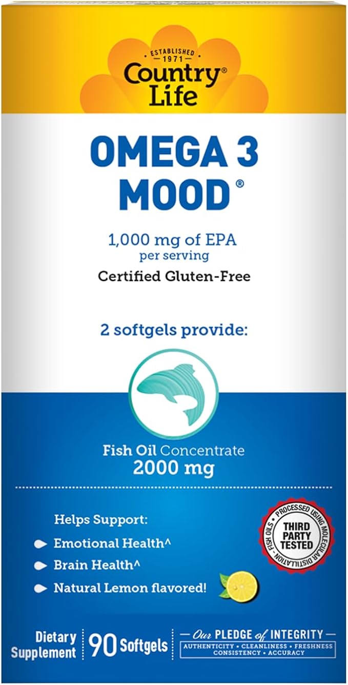 Country Life Omega 3 Mood, 2000mg Fish Oil with EPA & DHA, 90 Softgels, Certified Gluten Free