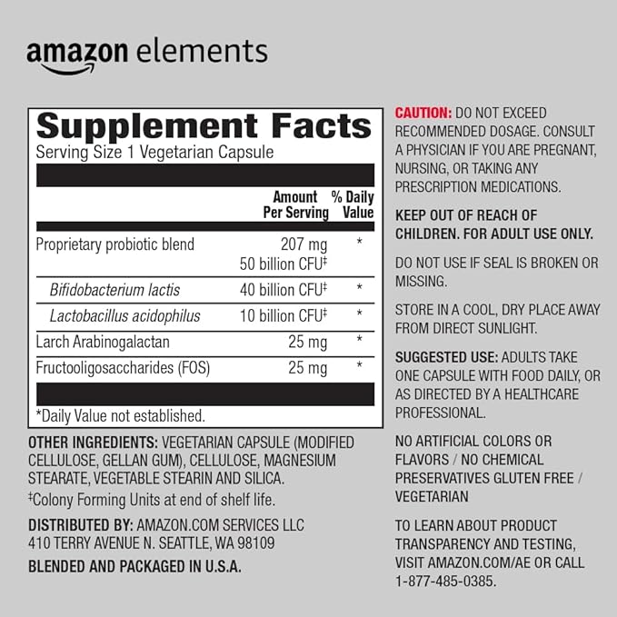Amazon Elements One Daily Adult Probiotic Blend, Supports Healthy Colon and Immune Function, 50 Billion CFU (2 Strains), 30 Capsules, 1 Month Supply (Packaging May Vary) (Pack of 2)
