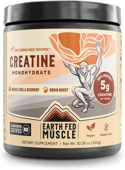 Earth Fed Muscle Transcend Creatine Monohydrate - 100% German Creapure, Muscle Recovery, Muscle Building, Cellular Energy Production - Gluten Free, Soy Free - Unflavored 5g per Serving, 60 Servings