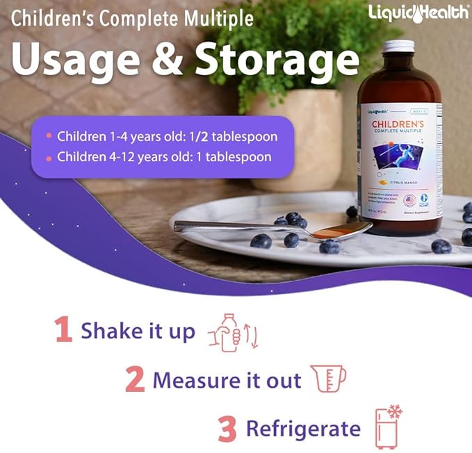 LIQUIDHEALTH Children's Complete Liquid Multivitamin for Kids, Toddlers - Essential Vitamins, Nutrients & Minerals, Immune Support, Gut Health - Made in The USA, Vegan, Non GMO, Sugar-Free (16 oz)