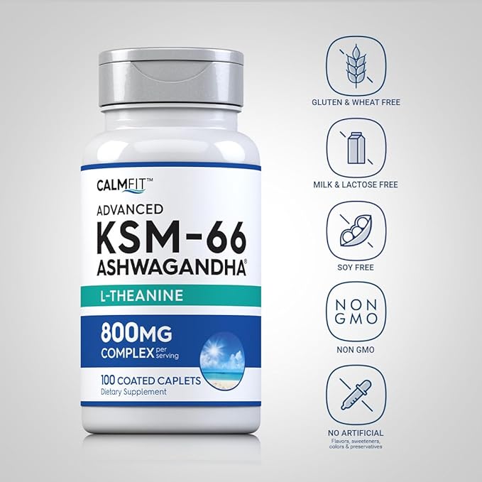 Piping Rock KSM-66 Ashwagandha L-Theanine | 800mg | 100 Caplets | Root Extract | Advanced Complex Supplement | Vegan, Non-GMO, Gluten Free